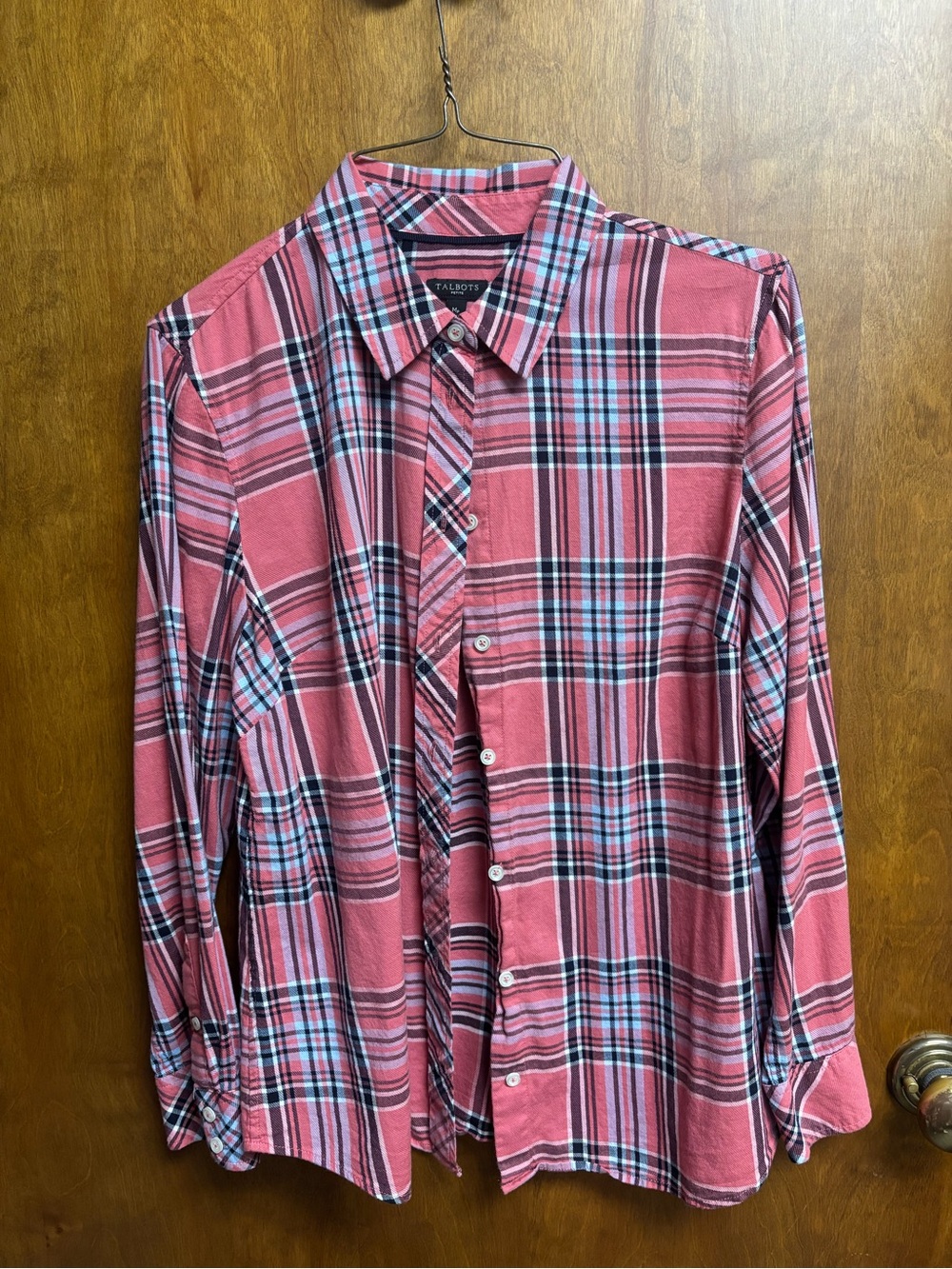 Talbots women’s Coral Pink Plaid Button-Down Shirt
